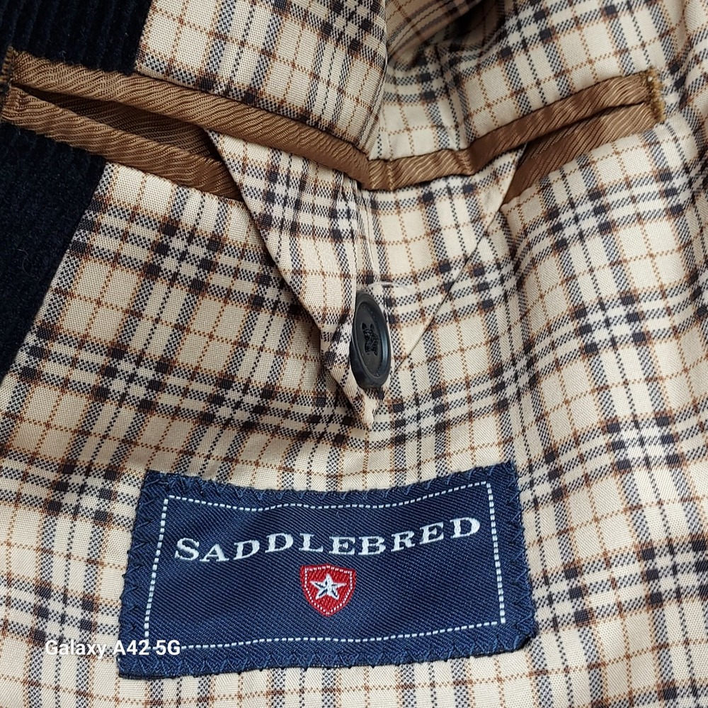 Saddlebred Mens Navy Blue Corduroy Blazer Sport Coat 44S Plaid Lining 2-Button - Picture 3 of 7